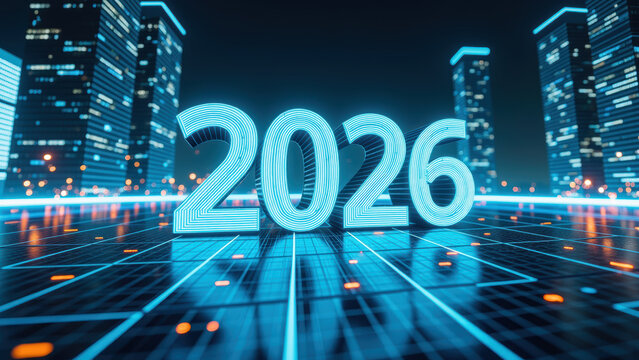 Futuristic cityscape with glowing numbers representing year 2026, illuminated buildings, and digital grid - Powered by Adobe
