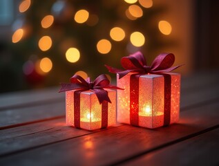 Two gift box with bow and light from within