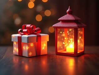 Two gift box with bow and light from within