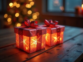 Two gift box with bow and light from within
