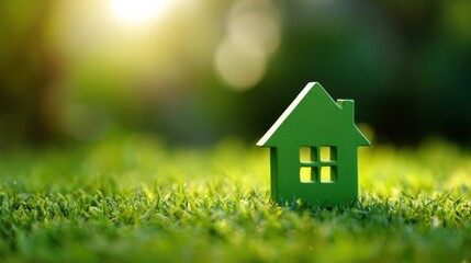 Small green house model on green grass with sunlight background, eco friendly house concept