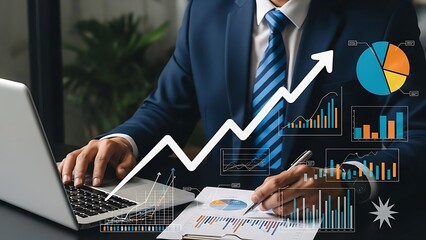 Businessman analyzing financial data on laptop with graphs and charts, representing growth and statistics in a professional setting with documents