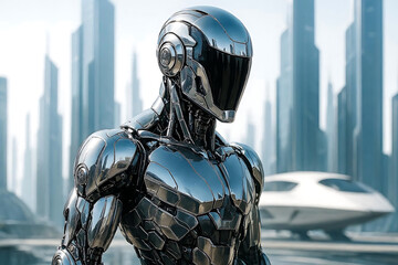 futuristic robot with futuristic spaceship