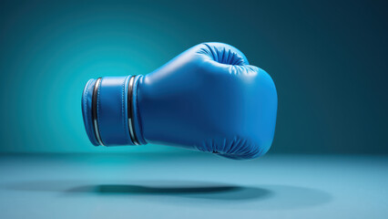 Blue boxing glove, floating against gradient background, symbolizes strength and determination in sports