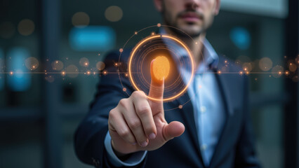 Digital fingerprint technology enhances security and identity verification. businessman interacts with glowing fingerprint icon, symbolizing