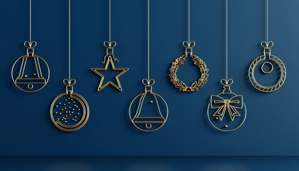 Golden christmas ornaments hanging on strings against a dark blue background