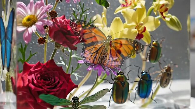Colorful display of preserved butterflies and insects among vibrant flowers in a gallery