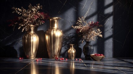 Luxurious Vases with Flowers on Dark Surface.