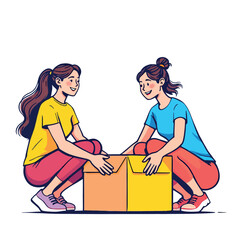 Vsai two women working together packing cardboard boxes