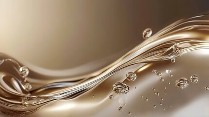 Abstract golden fluid waves with bubbles and sparkles on a smooth, shiny background.