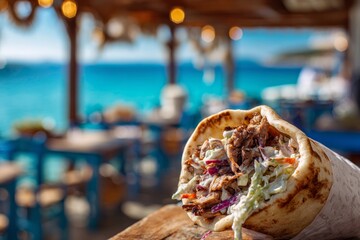 Delicious wrap filled with grilled meat, fresh vegetables, and sauces, placed on a wooden table, with a vibrant beachside restaurant atmosphere in the background, evoking a summer dining experience