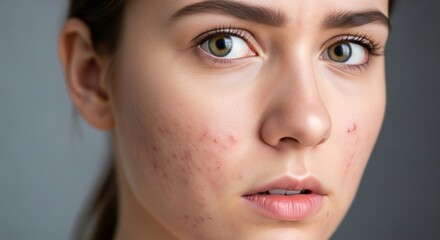 Young woman's face with acne blemishes and clear eyes, close-up studio portrait.