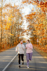Fototapeta premium In a calm autumn setting, two friends jog together on a tree-lined road. The vibrant leaves create a picturesque backdrop as they enjoy each other's company and the fresh air.