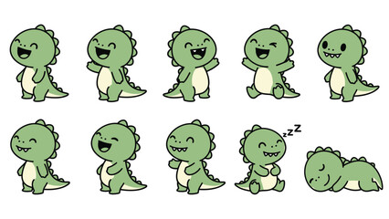 Obraz premium Adorable Green Dinosaur Cartoon Character Vector Set: Happy, Waving, and Sleeping Poses with Diverse Expressions