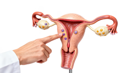Clinicians hand pointing to detailed ovary model highlighting cysts and hormonal imbalances against white background for PCOS education on metabolic complications.