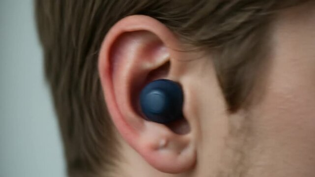 Close-up of a man using Bluetooth headphones, representing wireless audio technology, convenience, and modern lifestyle.
