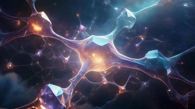Abstract neural network lattice of glowing fibers and nodes in deep space