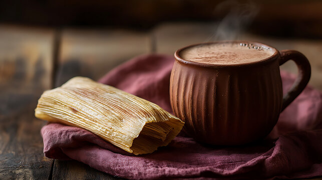 Traditional Mexican Tamale and hot chocolate, steamed corn dough in husk, hot drink in clay mug, dark wooden background, Latin American breakfast food.

