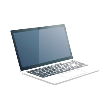 Open silver portable laptop computer with a blank black screen and keyboard isolated on a white background for business technology and web design