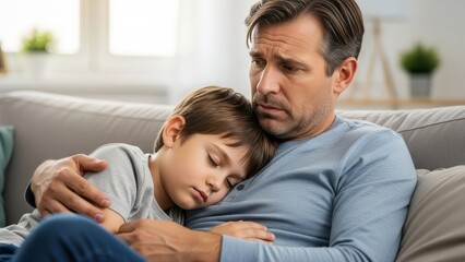 Concerned father in casual wear comforting sleeping son on sofa