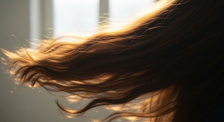 Long, wavy brown hair illuminated by golden hour light, swaying gently indoors.