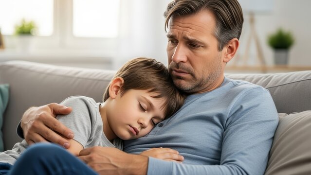 Concerned father in casual wear comforting sleeping son on sofa