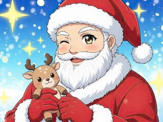 A cheerful cartoon santa claus holding a cute reindeer toy with a warm smile on his face surrounded by sparkling stars and snowflakes in a magical winter wonderland scene
