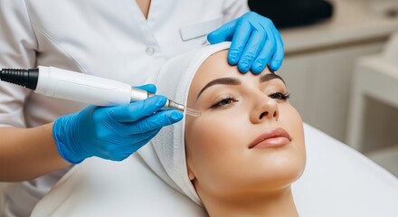 Woman receiving skin treatment with professional tool in clinic