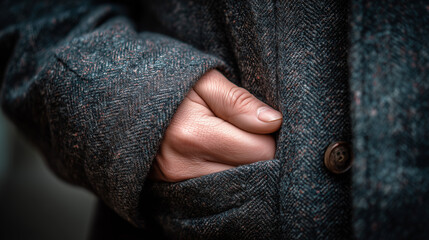 Hand in Coat Pocket: Cozy Winter, Security, Concealment, Hidden, Mystery, Wool Fabric, Close-up, Warm Clothing, Autumn Season, Anonymous Figure