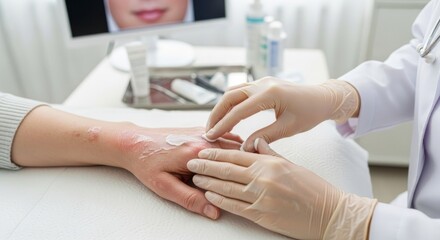 Dermatologist applying cream to rash on patient's hand indoors