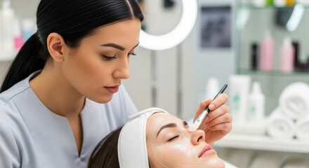 Young woman in light blue uniform applies facial mask to client in salon