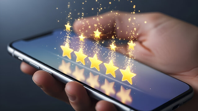Hand holding a modern smartphone showcasing five golden glowing stars, symbolizing exceptional customer satisfaction, premium service quality, and a positive digital user experience - Powered by Adobe