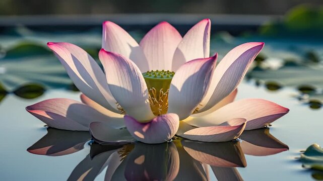 4K Pink and White Lotus Flower Floating on Water Pond Reflection