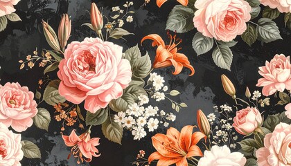 Vibrant floral pattern with pink roses and orange lilies on dark background