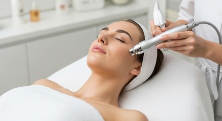 Young woman with headband receiving facial treatment with device in clean spa room