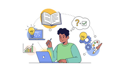 Man Working on Laptop with Thought Bubbles.