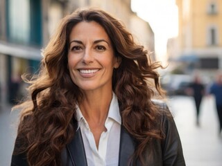 Portrait of a smiling 35 year old brunette businesswoman with long hair looking at the camera on the street. Beautiful confident Italian woman in a stylish suit standing on the street