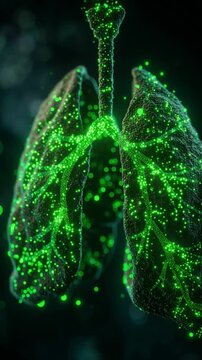 Respiration's Glow: Intricate visualization of human lung anatomy, illuminated with a luminescent green, signifying the complex systems of breath and life within. 