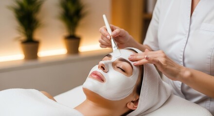 Woman receiving facial mask application in spa