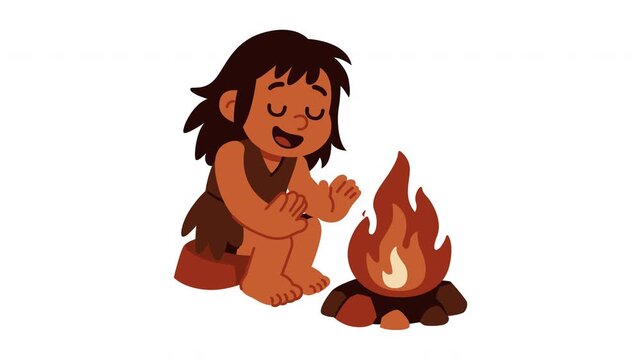 Happy Caveboy Enjoying The Warmth Of A Campfire An Ancient Youth Finds Comfort In Fire