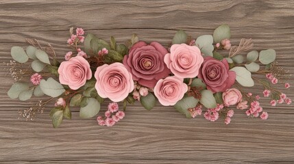 Pink and mauve paper roses arrangement on wooden background