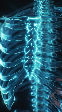 Radiant Anatomy: A detailed, illuminated view of the human spine and ribcage showcasing the beauty of the skeletal system. The intricate structure glows with a radiant light.
