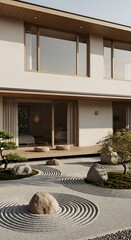 Modern Japanese house with zen garden.
