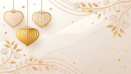 Golden hearts and leafy branches create a delicate festive background design