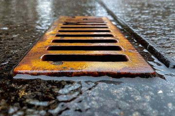 Close Up Rusty Metal Drain Grate on Wet Urban Street During Rainy Daytime