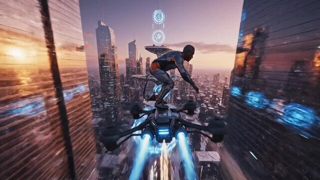Futuristic cityscape: hoverboard rider races through sleek skysers at sunset, propelled by blue thrusters, in a sci-fi urban adventure.