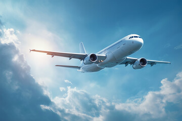 Modern Commercial Airplane Flying High in Clear Blue Sky &ndash; Air Travel, Aviation and Transportation Concept