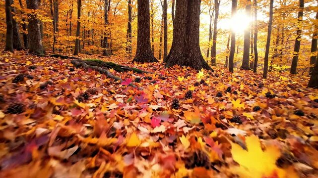 Low altitude aerial pan shot sweeping across a deep forest floor covered in scattered brown pine cones and dense, multicolored fall foliage autumn, drone, Low altitude aerial