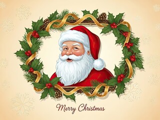 Vibrant santa claus portrait in festive holly wreath with golden ribbon and merry christmas text on beige background with Holiday and Illustration
