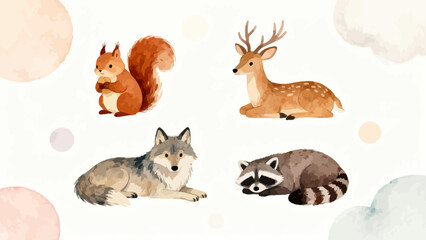 Naklejka premium Four woodland animals on soft background